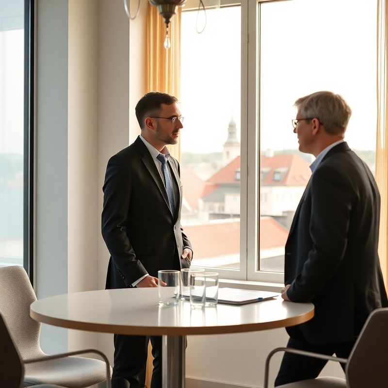 Dvaja profesionáli v sústredenom rozhovore v svetlej zasadačke