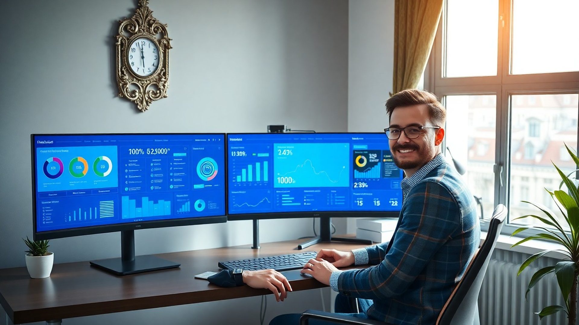Slovenský podnikateľ pri modernom pracovnom stole s indigovými dashboardmi